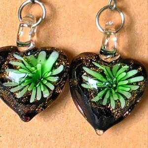 Glass Heart Earrings with Green Floral Design